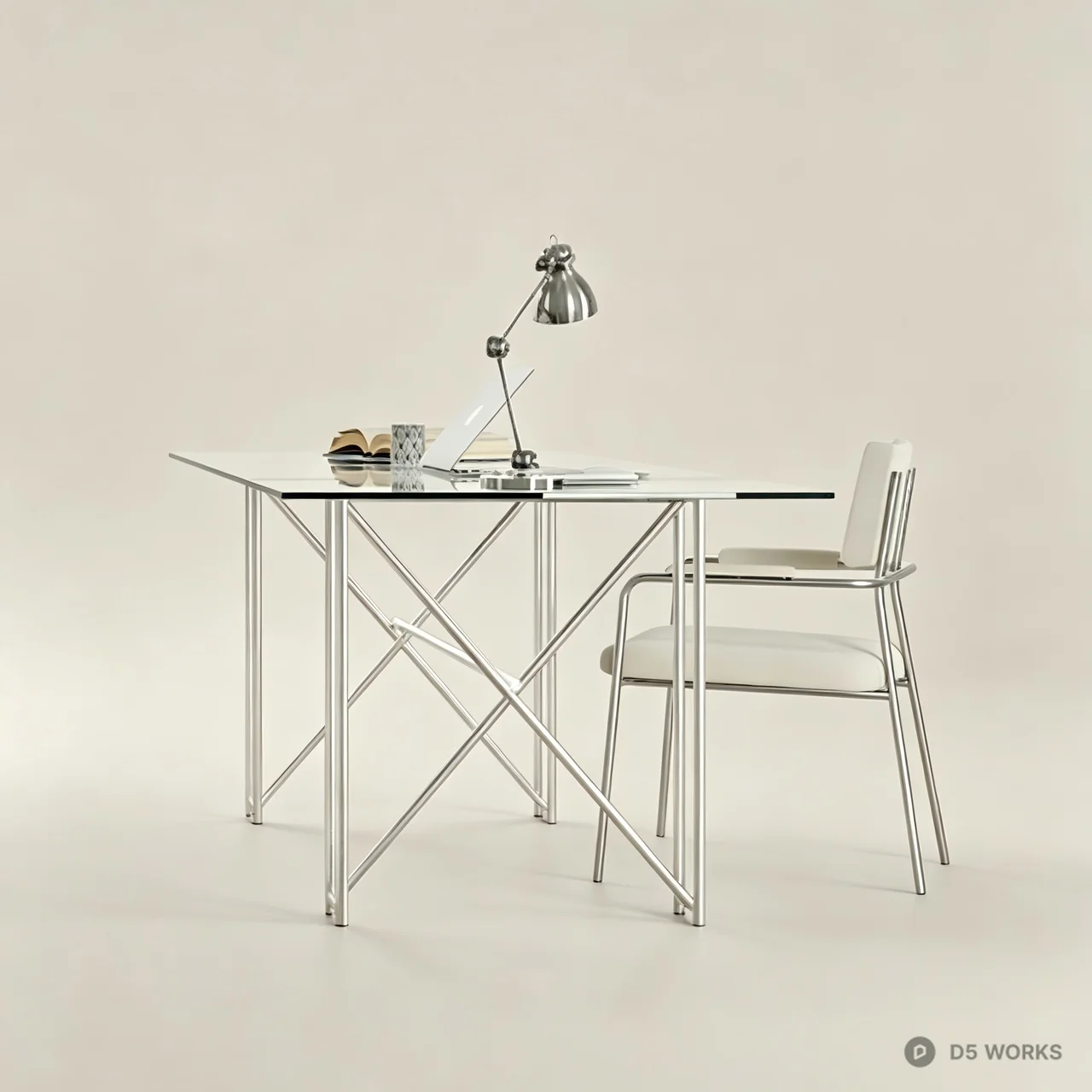 Modern Industrial Glass Desk and Chrome Chair Set 3d model - Image 1