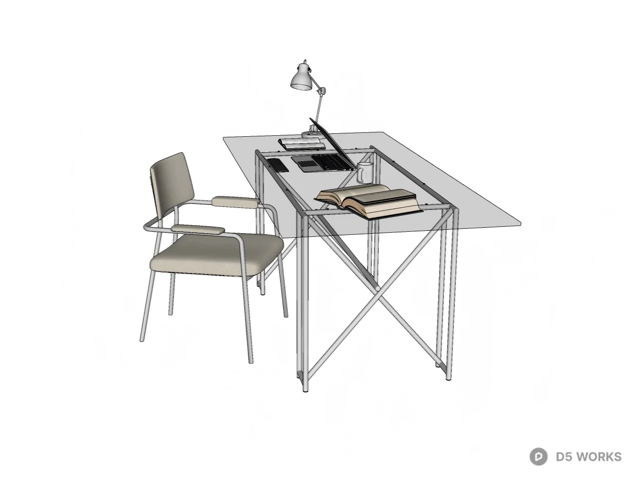 Modern Industrial Glass Desk and Chrome Chair Set 3d model thumbnail 3