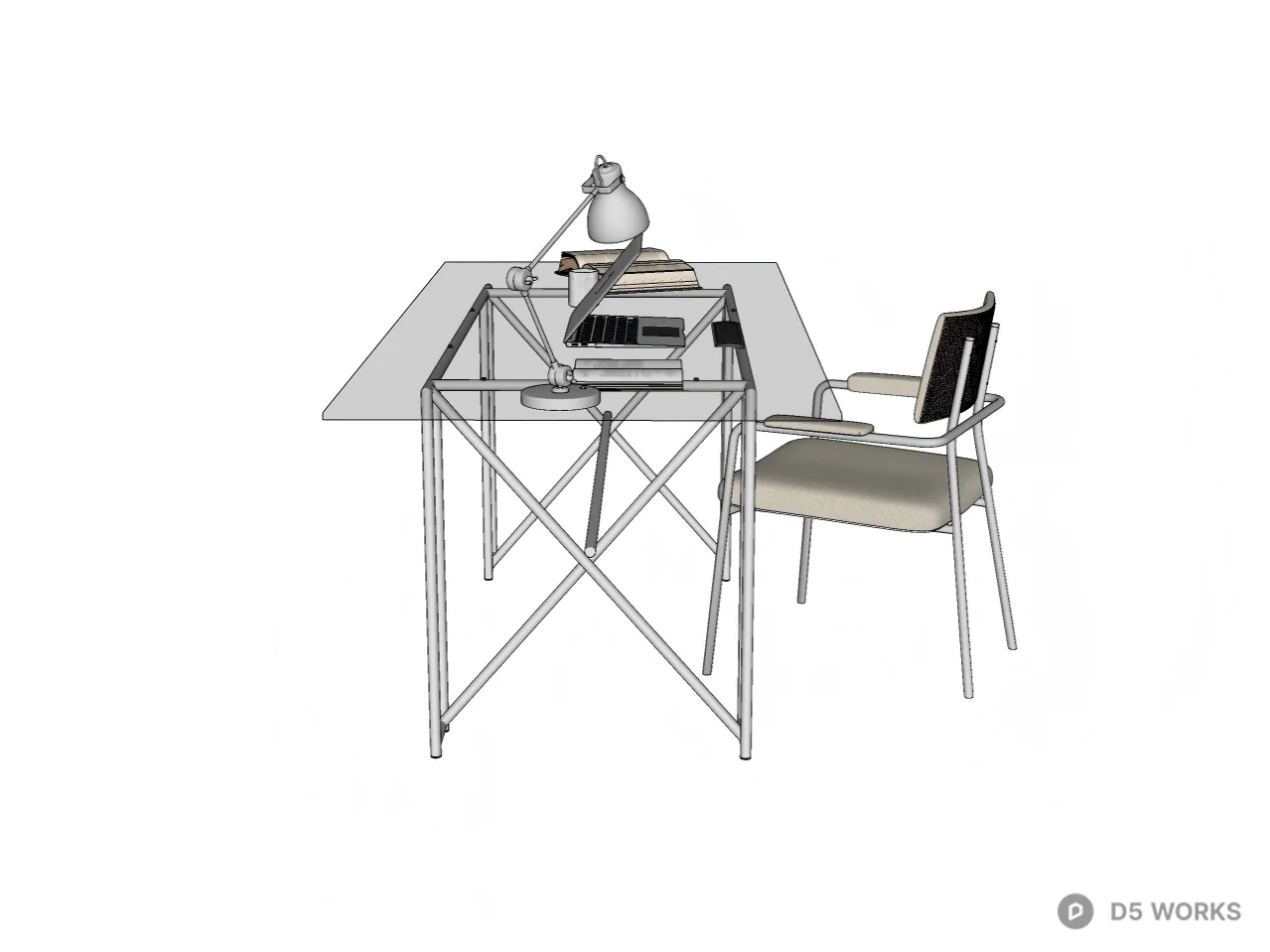 Modern Industrial Glass Desk and Chrome Chair Set 3d model thumbnail 2