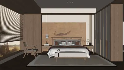 Modern Minimalist Bedroom with Wooden Accents 3d model