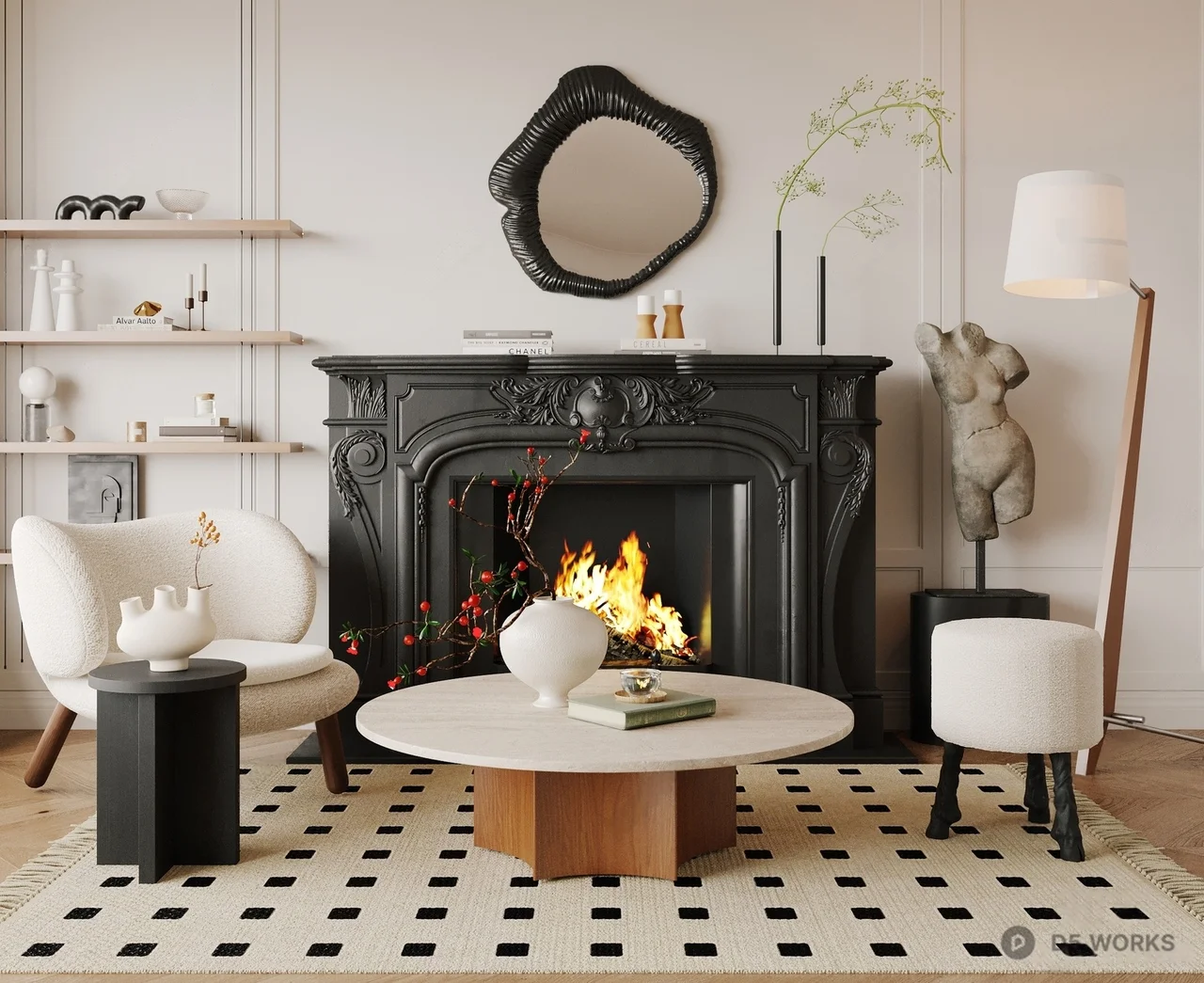 Elegant Living Room with Fireplace and Modern Furnishings 3d model - Image 1