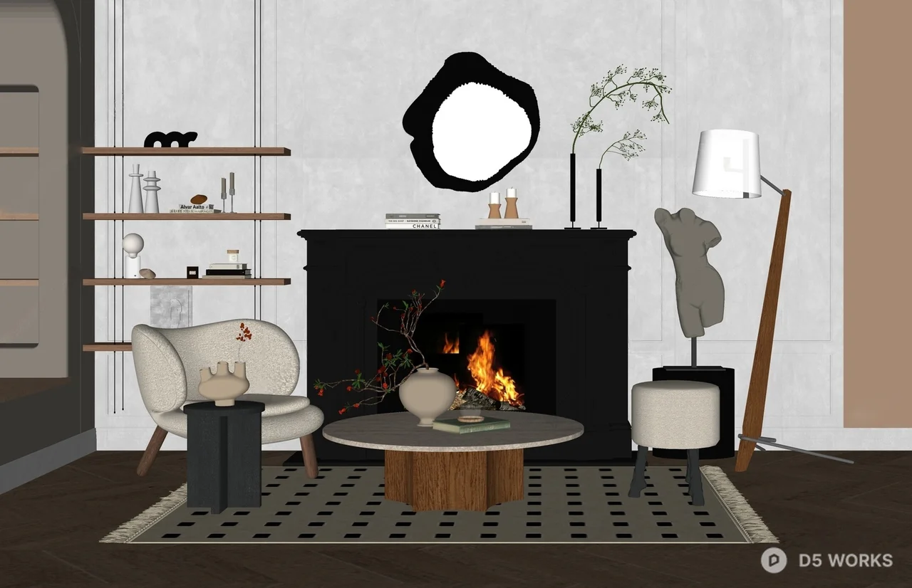 Elegant Living Room with Fireplace and Modern Furnishings 3d model thumbnail 2