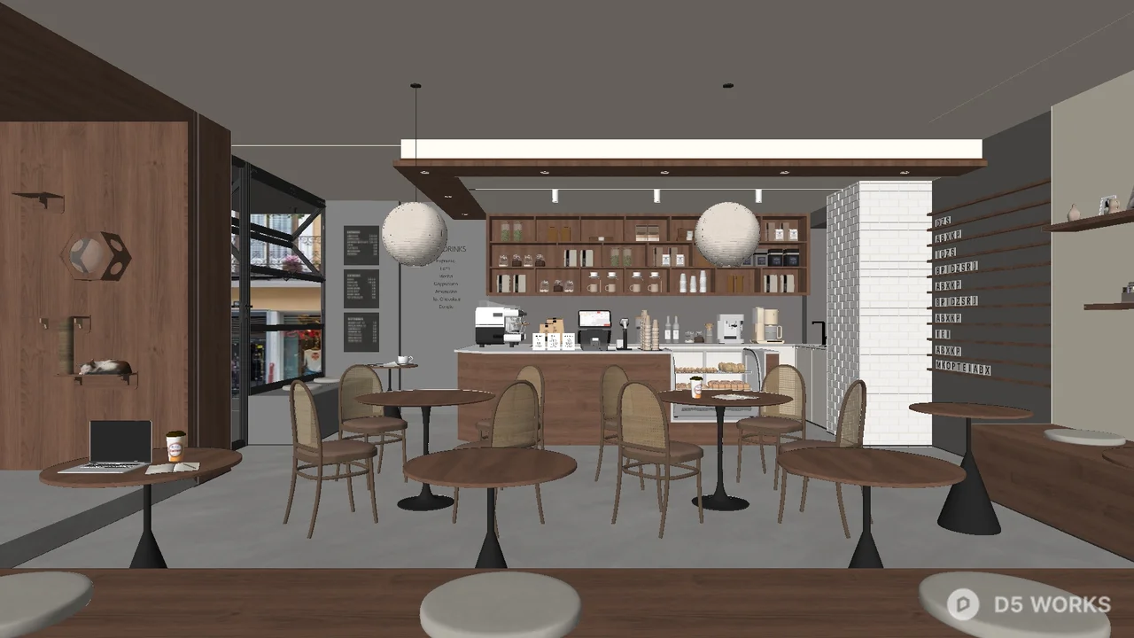 Minimalist Coffee Shop Interior With Wooden Shelving And Pendant Lights 3d model - Image 1