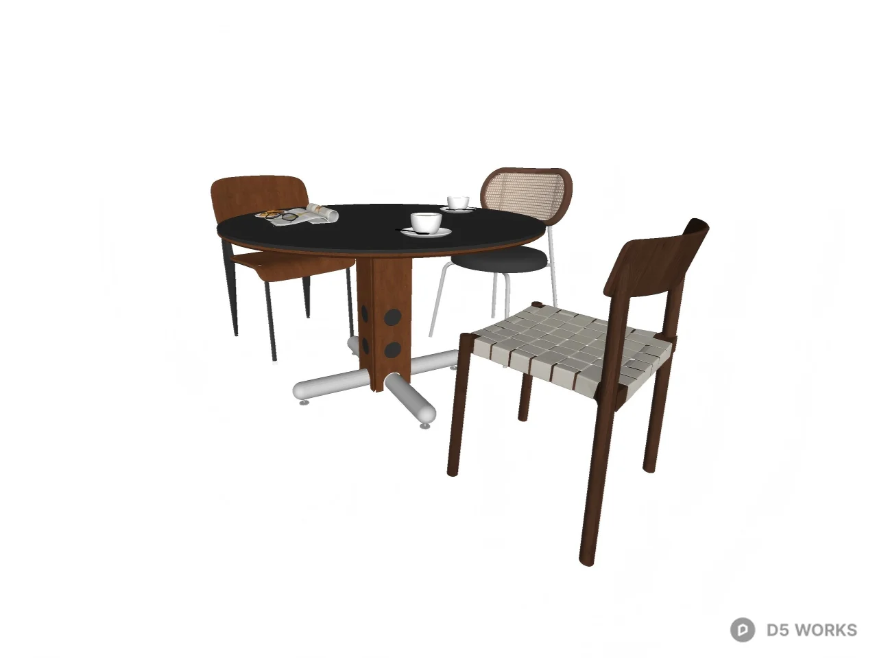 Mid-Century Modern Round Dining Set with Eclectic Chairs 3d model thumbnail 2