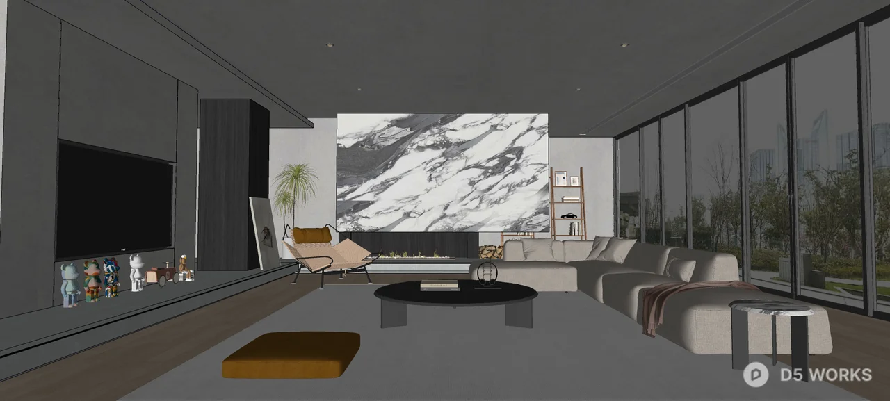 Modern Minimalist Living Room With Marble Wall 3d model thumbnail 2