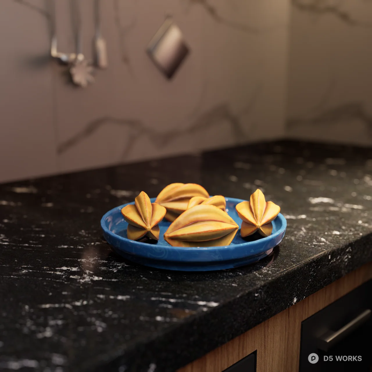 Fresh carambola on a ceramic blue plate 3d model thumbnail 4