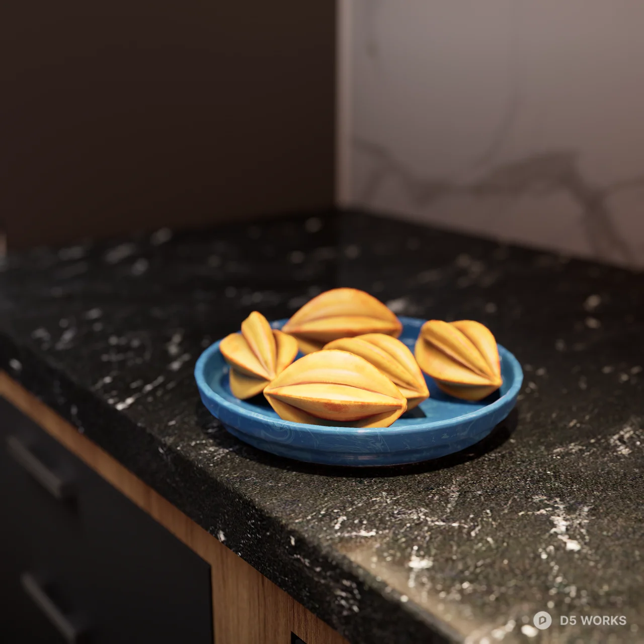 Fresh carambola on a ceramic blue plate 3d model thumbnail 3