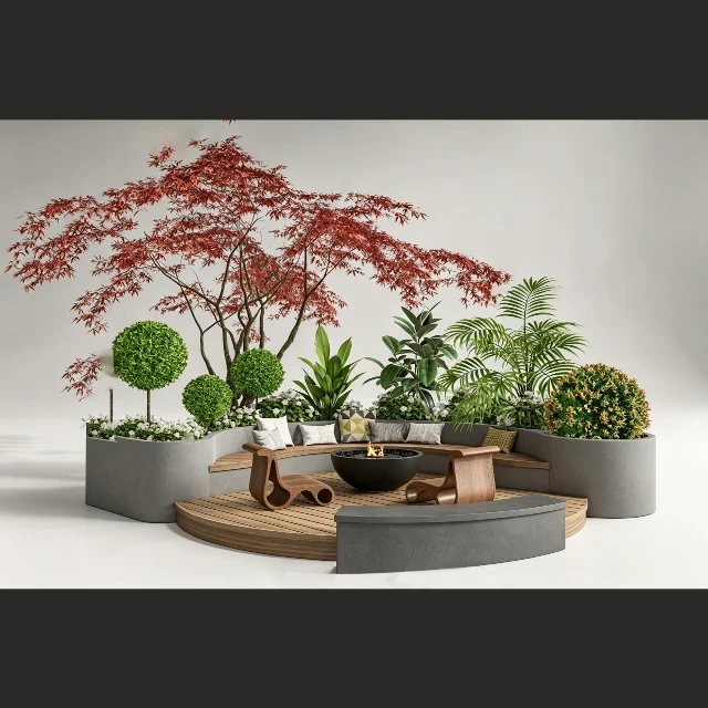 Modern Circular Outdoor Fire Pit Lounge with Landscaping 3d model