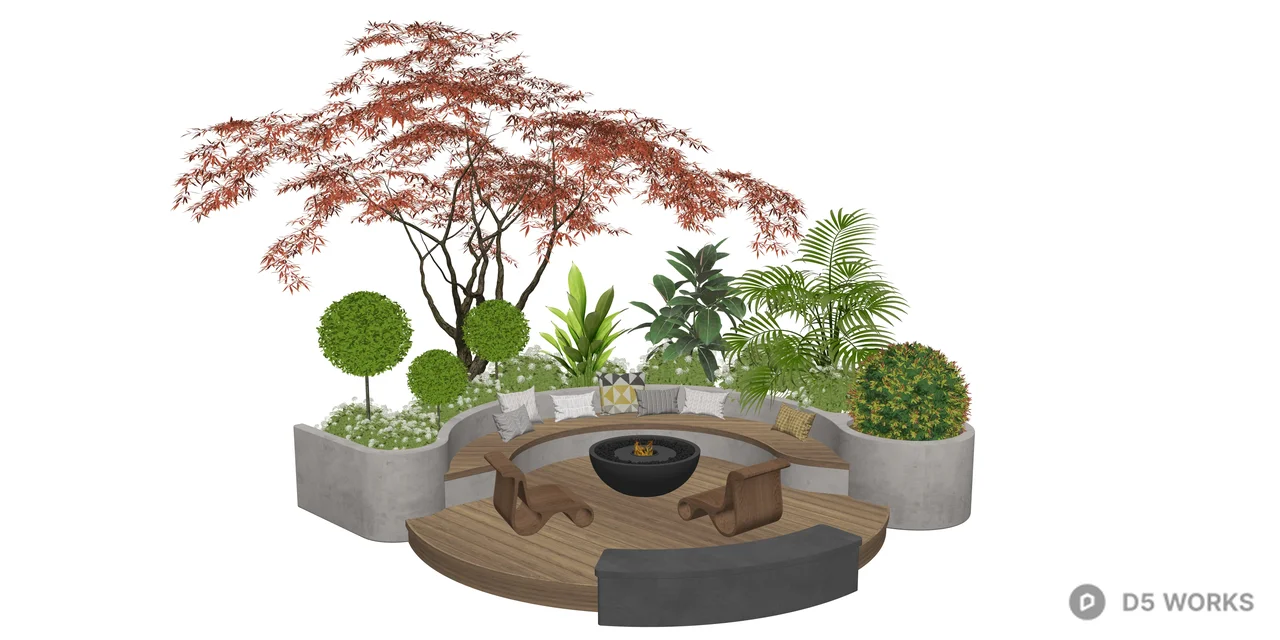 Modern Circular Outdoor Fire Pit Lounge with Landscaping 3d model thumbnail 2