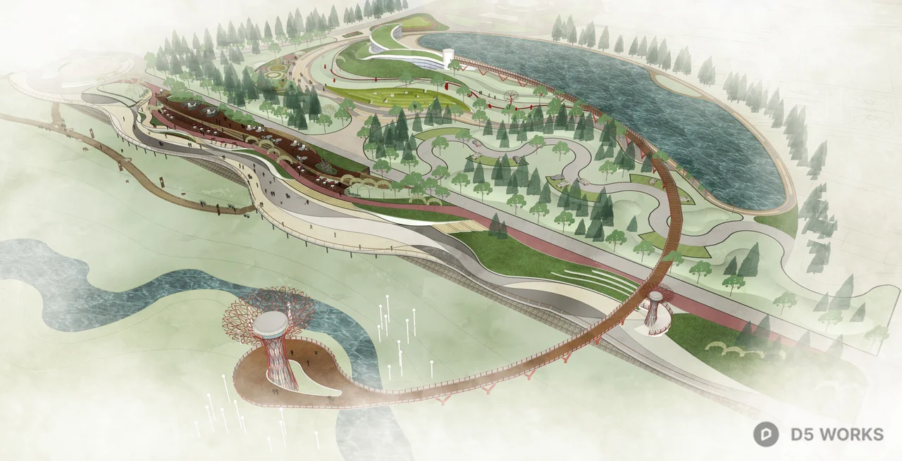 Modern Waterfront Landscape Architecture Aerial View 3d model thumbnail 2