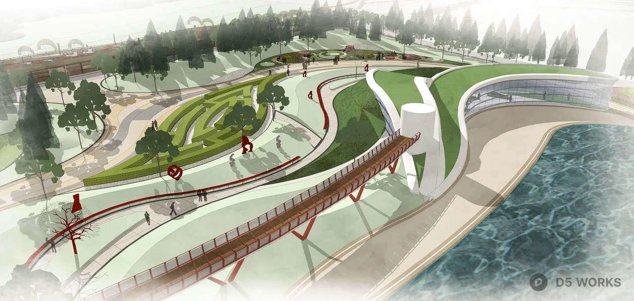 Modern Waterfront Landscape Architecture Aerial View 3d model thumbnail 13