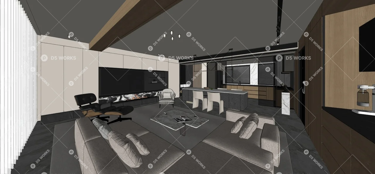 Modern Living & Dining Room 3d model thumbnail 3