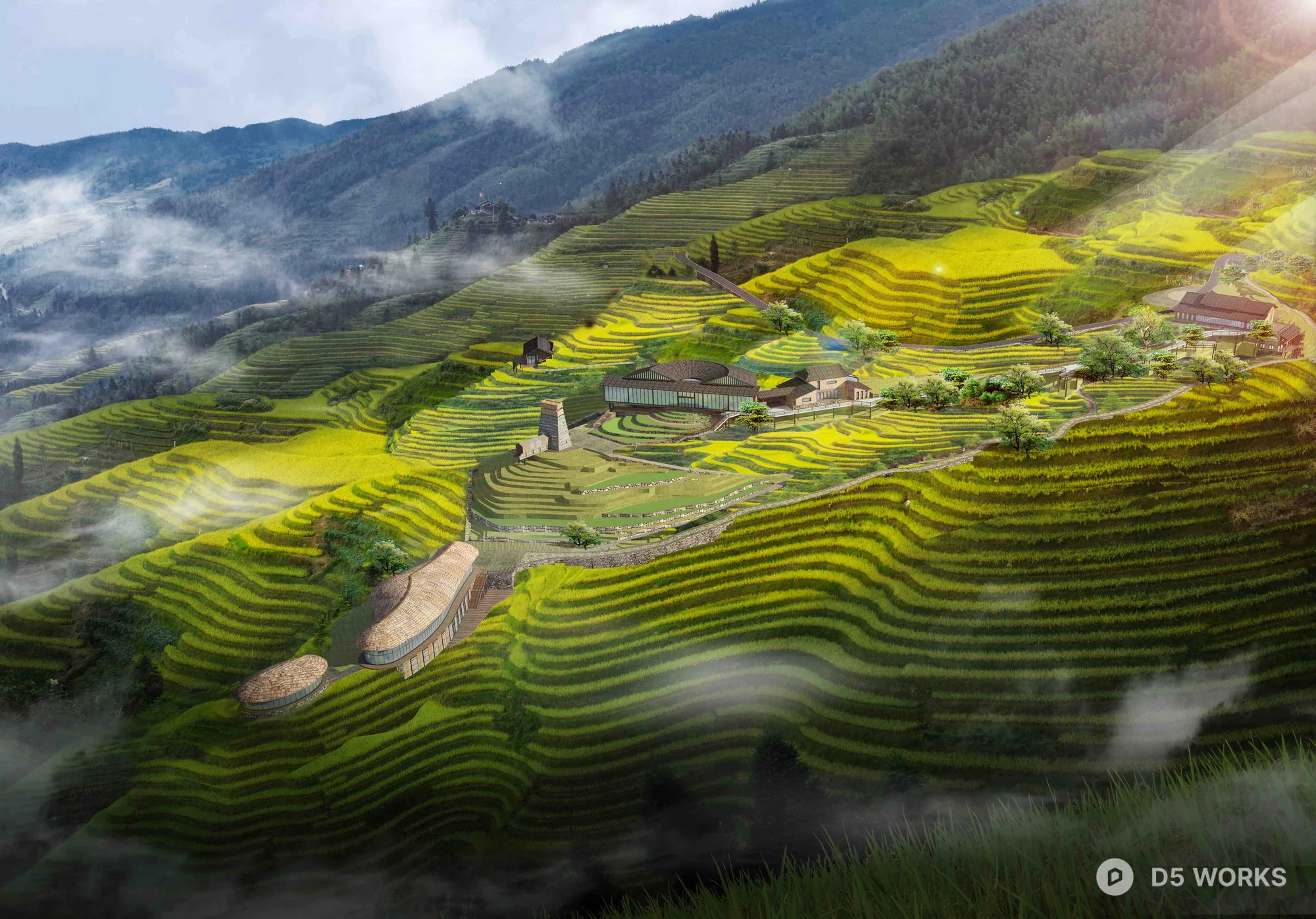 Free Terraced Rice Fields Landscape With Mist 3D Model .skp