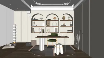 Minimalist Study Room With Arched Bookshelves And Wooden Floor 3d model