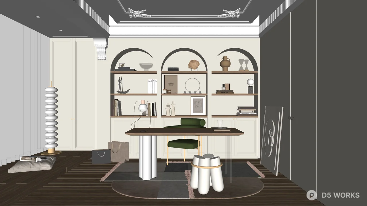Minimalist Study Room With Arched Bookshelves And Wooden Floor 3d model - Image 1