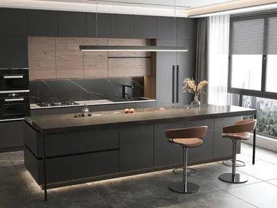 Modern Dark Kitchen With Large Island 3d model