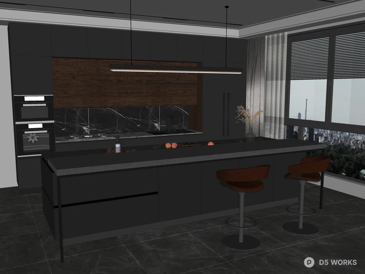 Modern Dark Kitchen With Large Island 3d model thumbnail 2