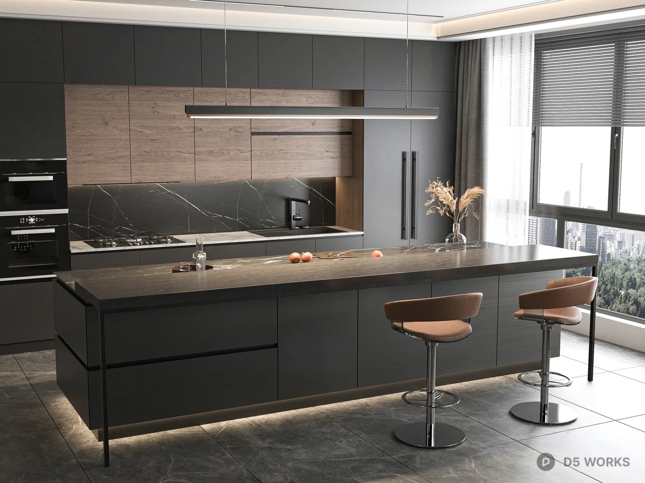 Modern Dark Kitchen With Large Island 3d model - Image 1