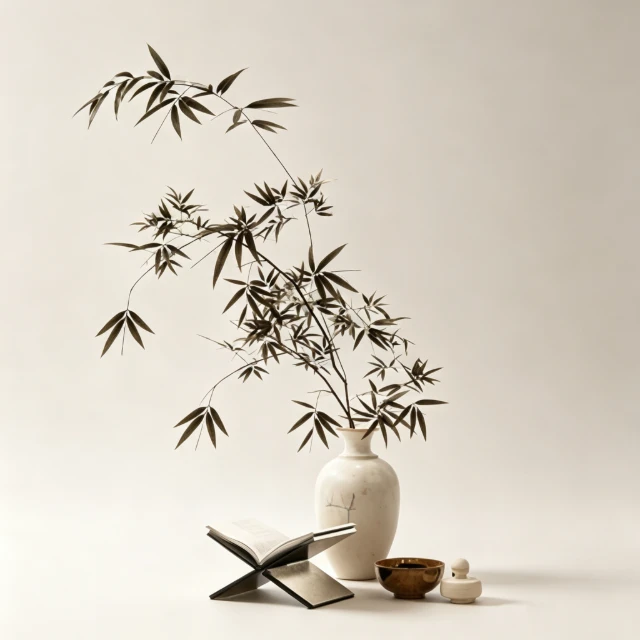 Zen Minimalist Bamboo and Ceramic Decor Set 3d model