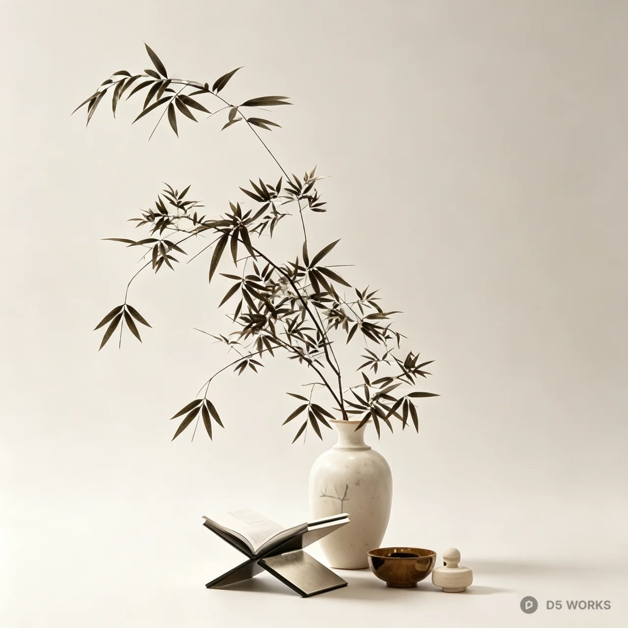 Zen Minimalist Bamboo and Ceramic Decor Set 3d model - Image 1