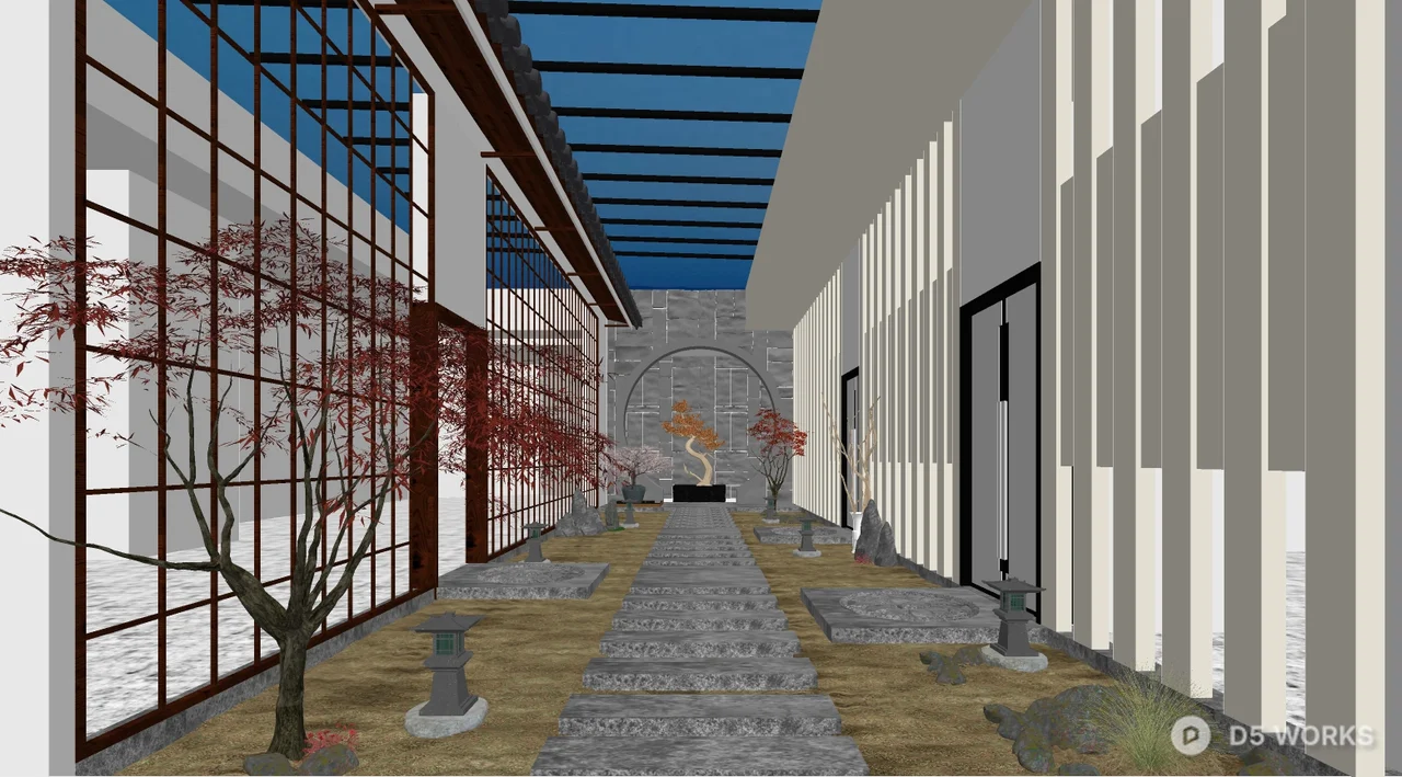 Modern Courtyard Garden With Stone Path And Maple Trees 3d model - Image 1