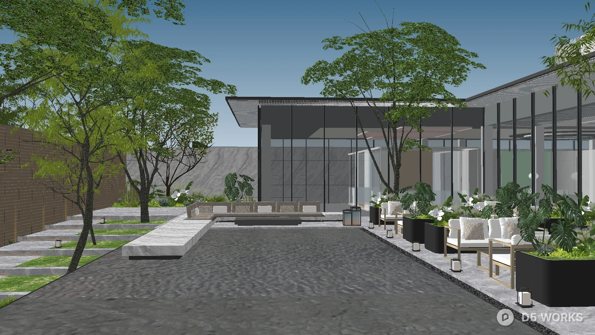 Free Modern Villa Courtyard With Greenery And Seating 3D Model .skp