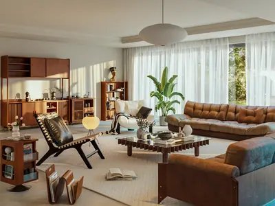Mid Century Modern Living Room with Leather Sofa and Wood Accents 3d model