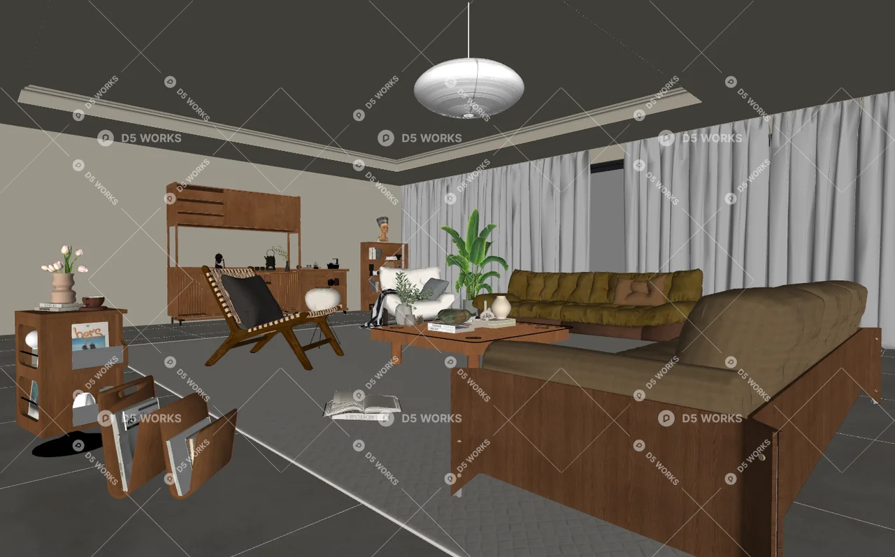 Mid-Century Modern Home Living Room 3d model thumbnail 2