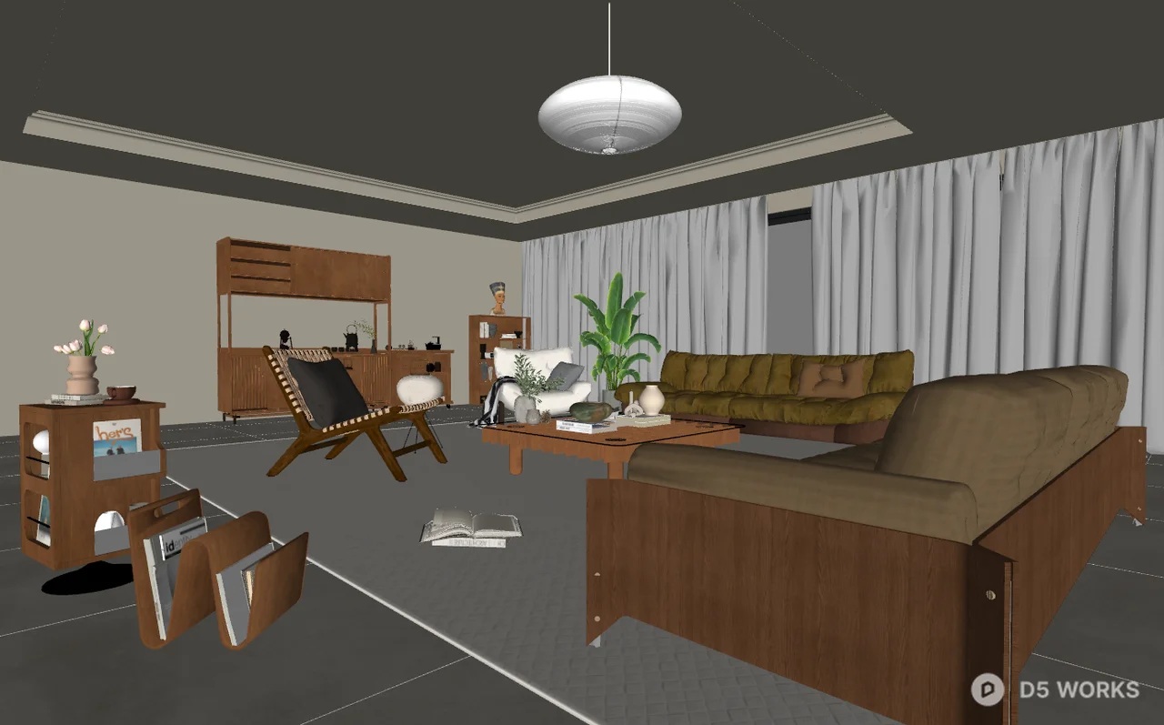 Mid Century Modern Living Room with Leather Sofa and Wood Accents 3d model thumbnail 2