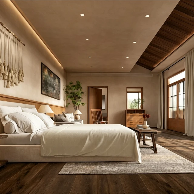 Wabi-Sabi Japandi Master Bedroom Interior Scene 3d model