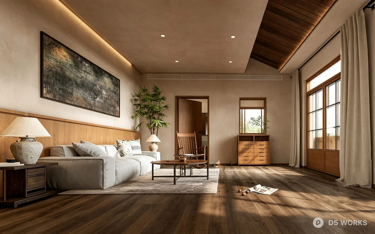 Wabi-Sabi Japandi Master Bedroom Interior Scene 3d model thumbnail 2