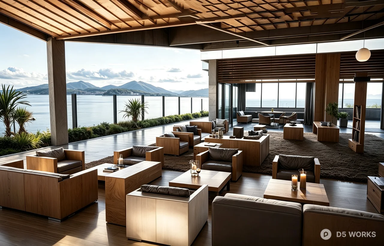 Luxury Modern Waterfront Lounge Interior Scene 3d model thumbnail 2