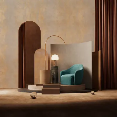Minimalist Living Room with Teal Armchair 3d model
