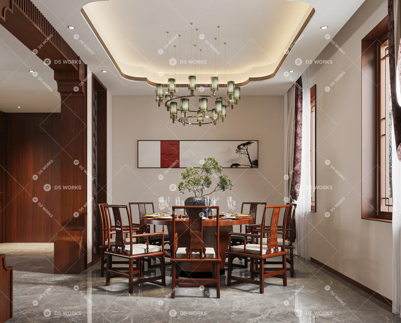 Classical Chinese Villa Living Room 3d model thumbnail 5