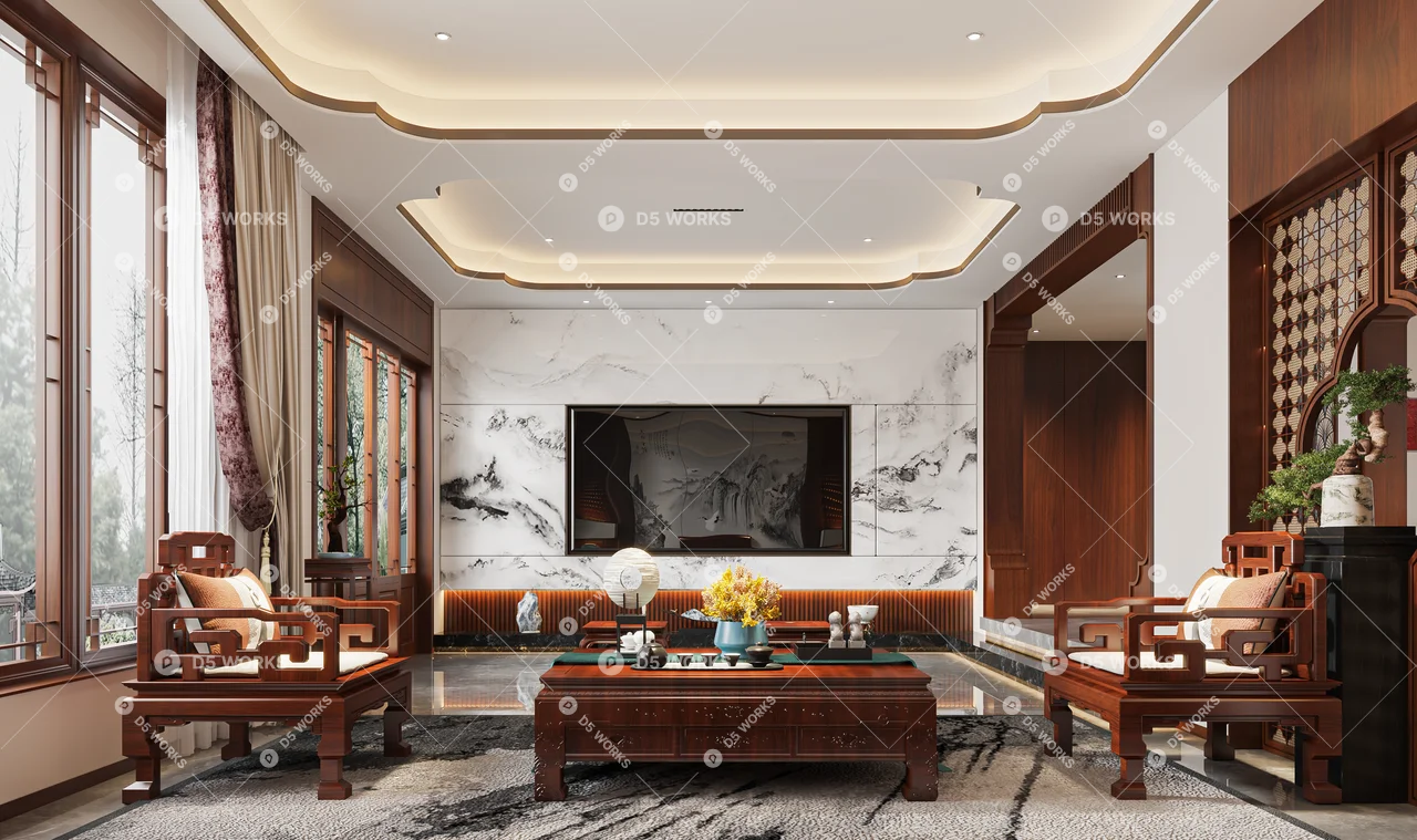 Classical Chinese Villa Living Room 3d model thumbnail 3