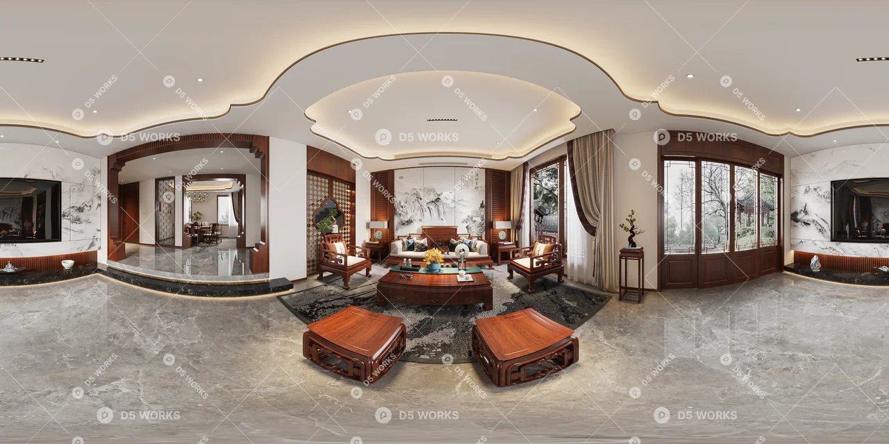 Classical Chinese Villa Living Room 3d model thumbnail 2