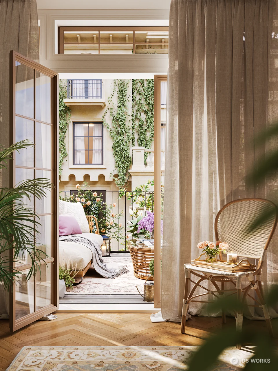 Minimalist Home Balcony with Wicker Chair and Greenery 3d model - Image 1