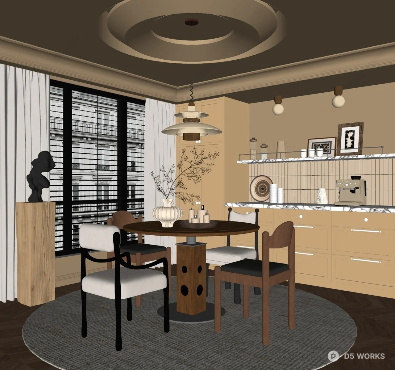 Mid Century Modern Dining Room with Circular Rug 3d model thumbnail 2
