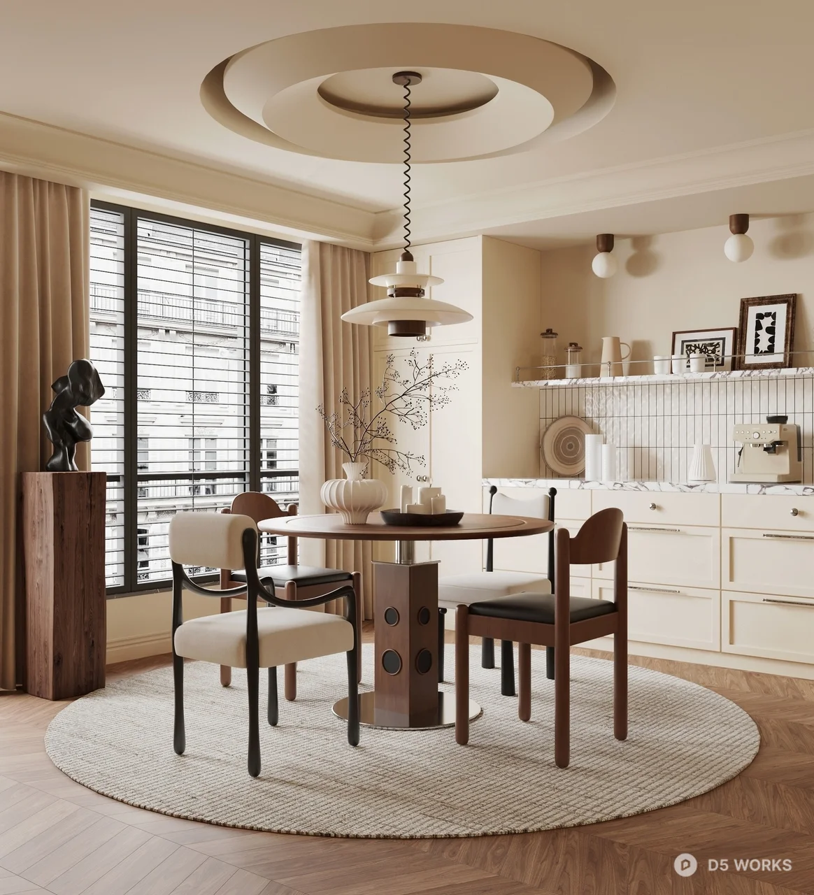 Mid Century Modern Dining Room with Circular Rug 3d model - Image 1