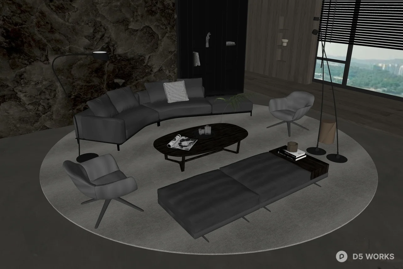 Modern Minimalist Living Room with Curved Sofa and Oval Coffee Table 3d model thumbnail 2