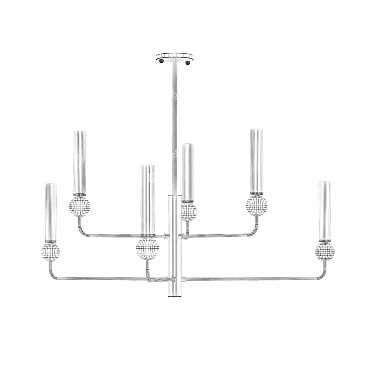 Minimalist Black Metal Chandelier With Cylindrical Frosted Glass Shades 3d model thumbnail 2