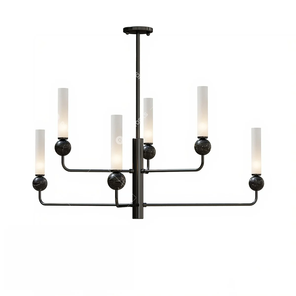 Minimalist Black Metal Chandelier With Cylindrical Frosted Glass Shades 3d model - Image 1