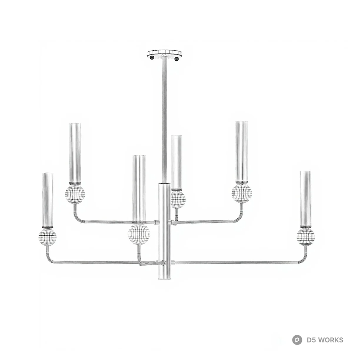 Minimalist Black Metal Chandelier With Cylindrical Frosted Glass Shades 3d model thumbnail 2
