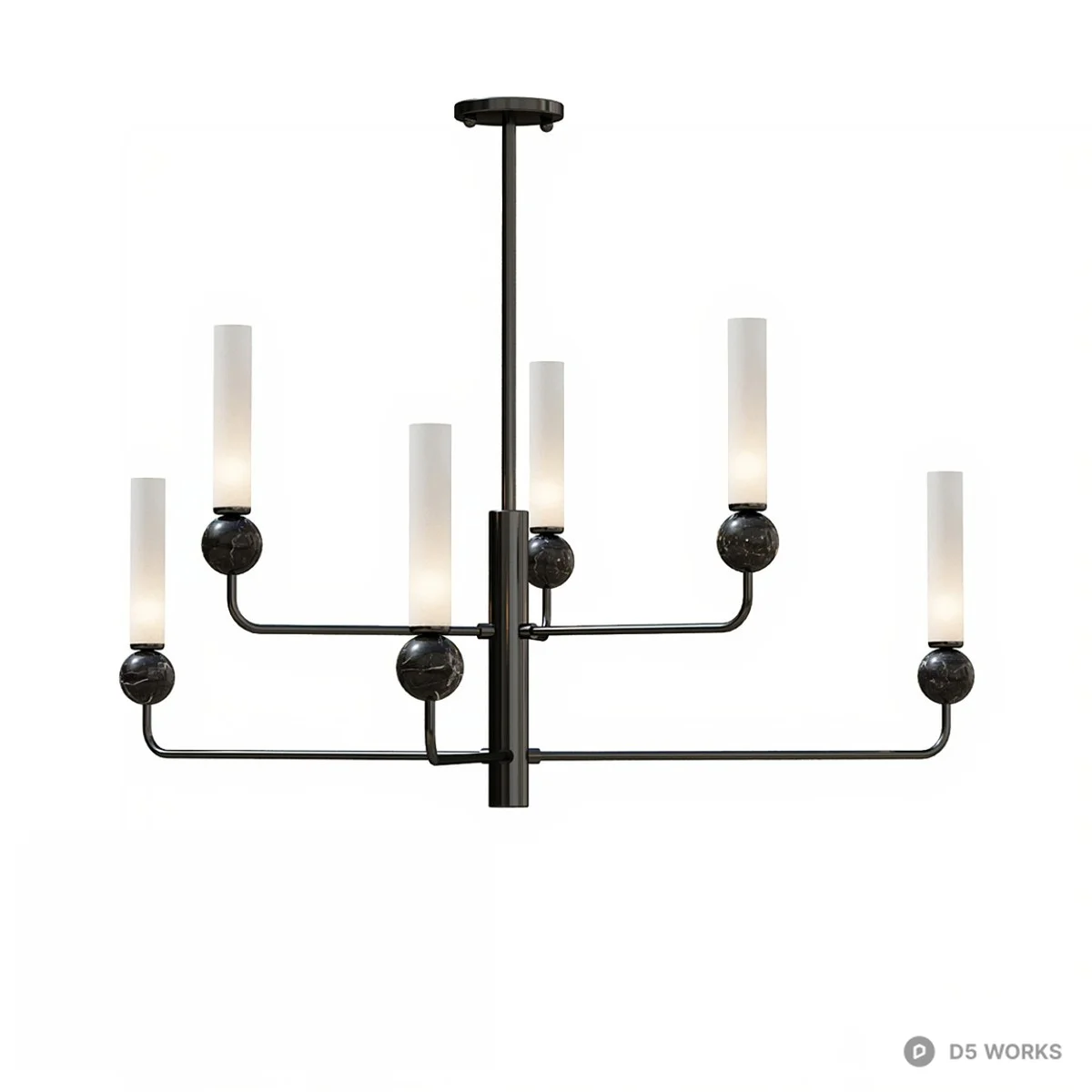 Minimalist Black Metal Chandelier With Cylindrical Frosted Glass Shades 3d model - Image 1