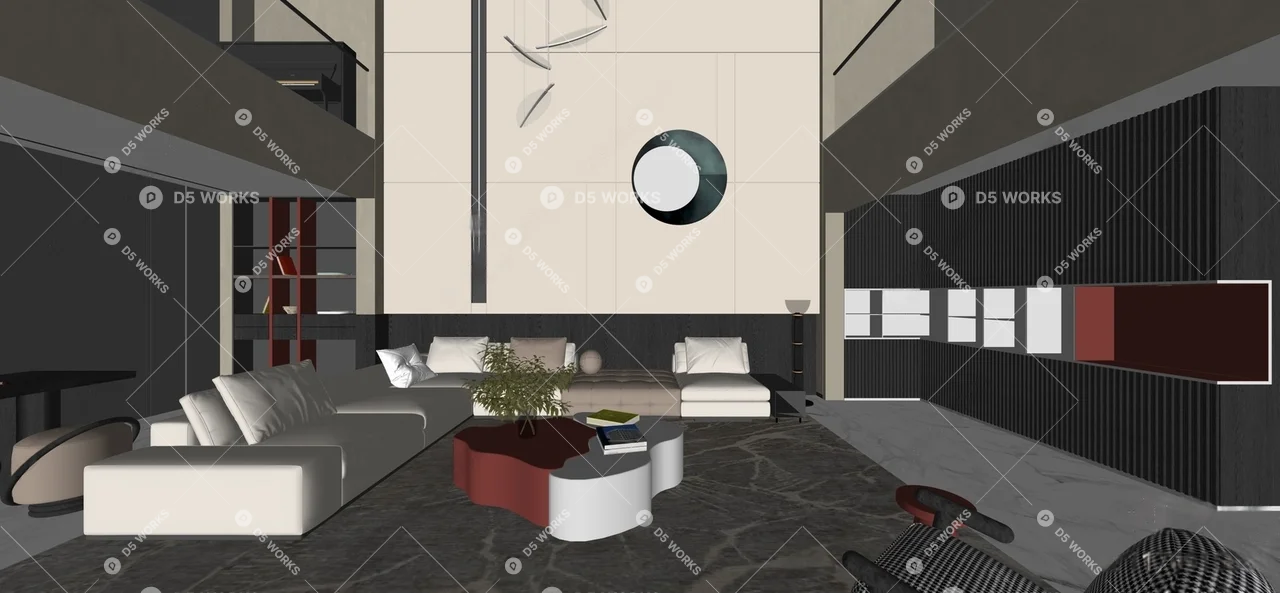 Modern Minimalist Villa Living Room With Double Height Ceiling 3d model thumbnail 2
