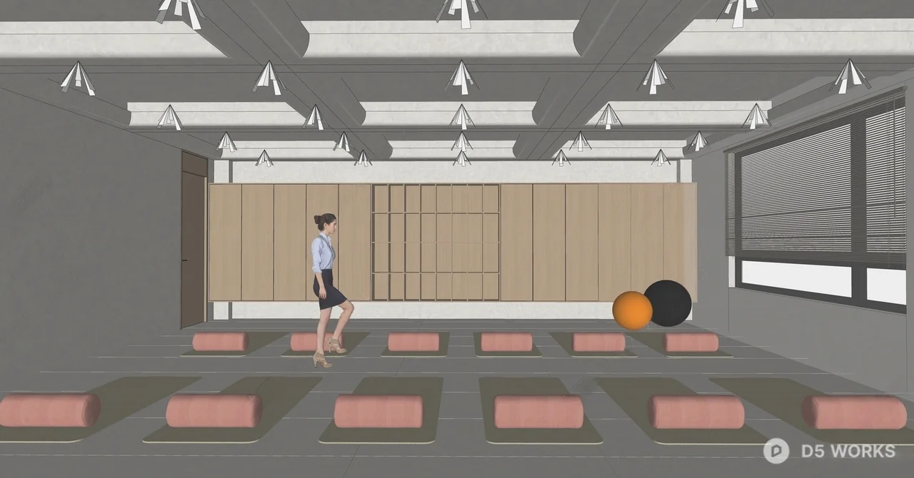 Minimalist Yoga Studio with Wooden Storage and Mat Rows 3d model thumbnail 3