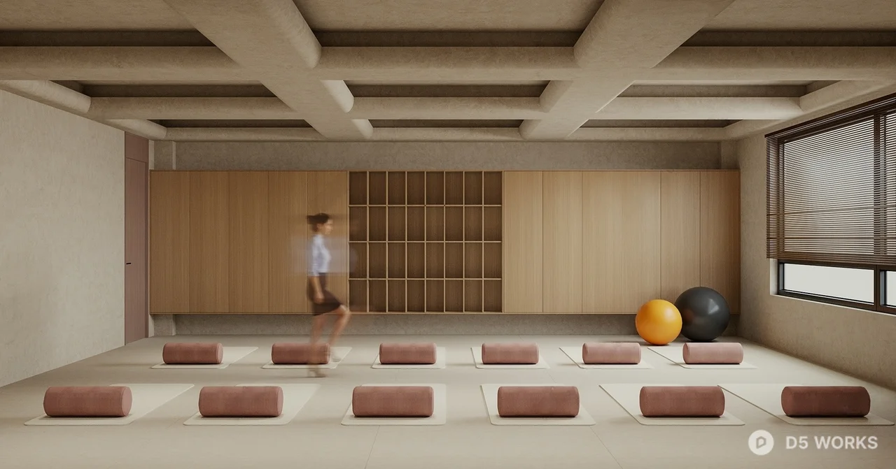 Minimalist Yoga Studio with Wooden Storage and Mat Rows 3d model - Image 1