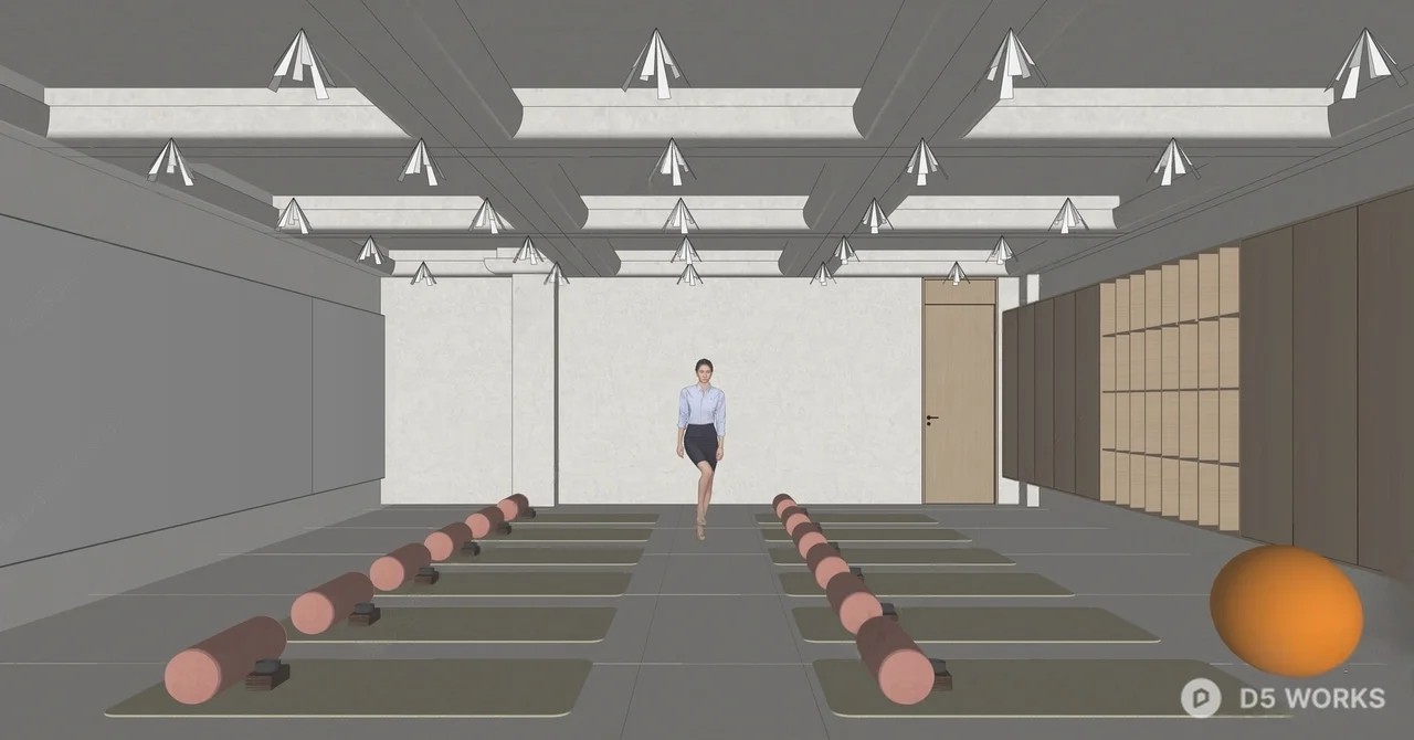 Minimalist Yoga Studio with Wooden Storage and Mat Rows 3d model thumbnail 2