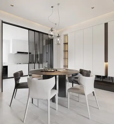 Minimalist Dining Room With Round Table And Integrated Storage 3d model