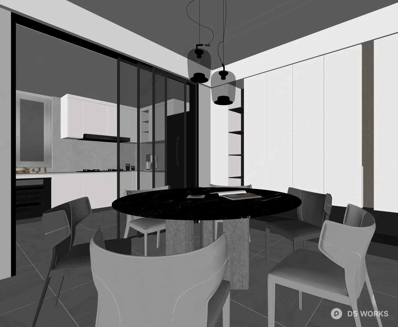Minimalist Dining Room With Round Table And Integrated Storage 3d model thumbnail 2